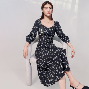 雪纺碎花长款 A字裙提花七分袖 斜开叉 连衣裙女季 莲灿正品