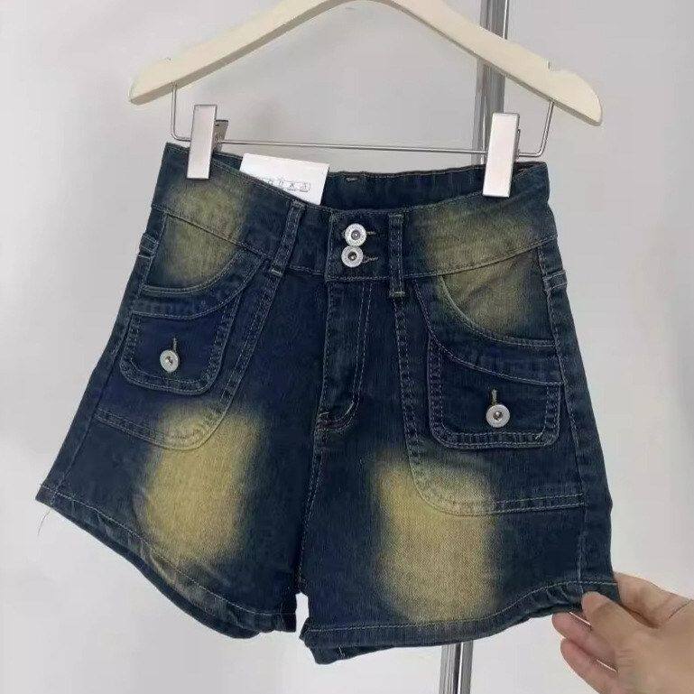 夏季复古潮流牛仔裤辣妹弹力高腰短裤口袋设计感弹力显瘦a字热裤