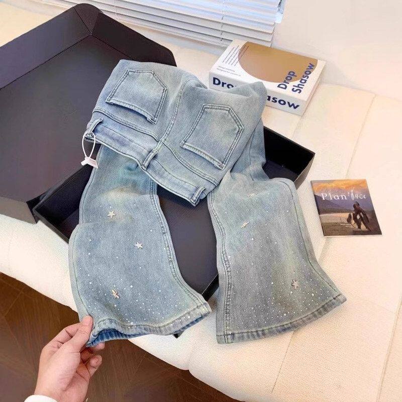 美式闪亮星星烫钻微喇牛仔裤女春季小个子高腰修身显瘦喇叭马蹄裤