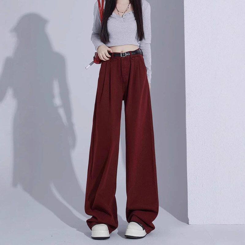 秋季新款安可拉红阔腿牛仔裤女美式高腰宽松显瘦垂感直筒拖地长裤