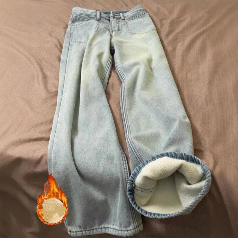 浅蓝色加绒直筒牛仔裤女2025年秋冬爆款宽松显瘦百搭加厚阔腿裤子