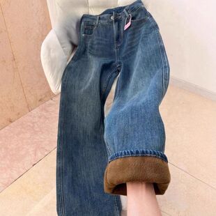 复古蓝加绒加厚直筒牛仔裤女2025冬季高腰显瘦小个子保暖阔腿裤子