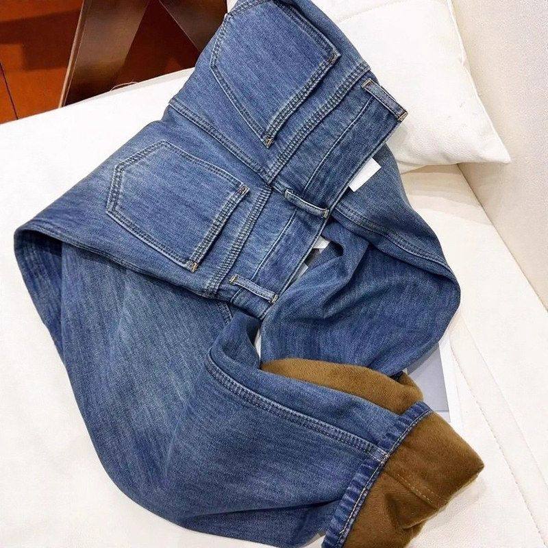 加绒加厚窄版直筒牛仔裤女冬季胖mm高腰显瘦小个子百搭爆款阔腿裤