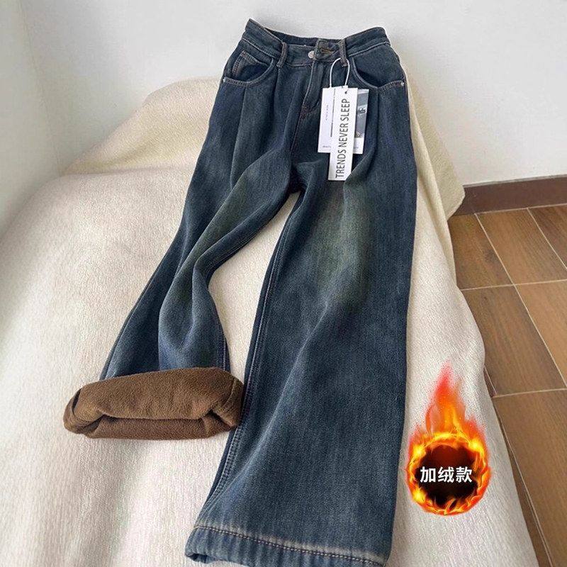 加绒阔腿牛仔裤女冬季2025新款大码胖mm慵懒高腰复古宽松直筒裤子