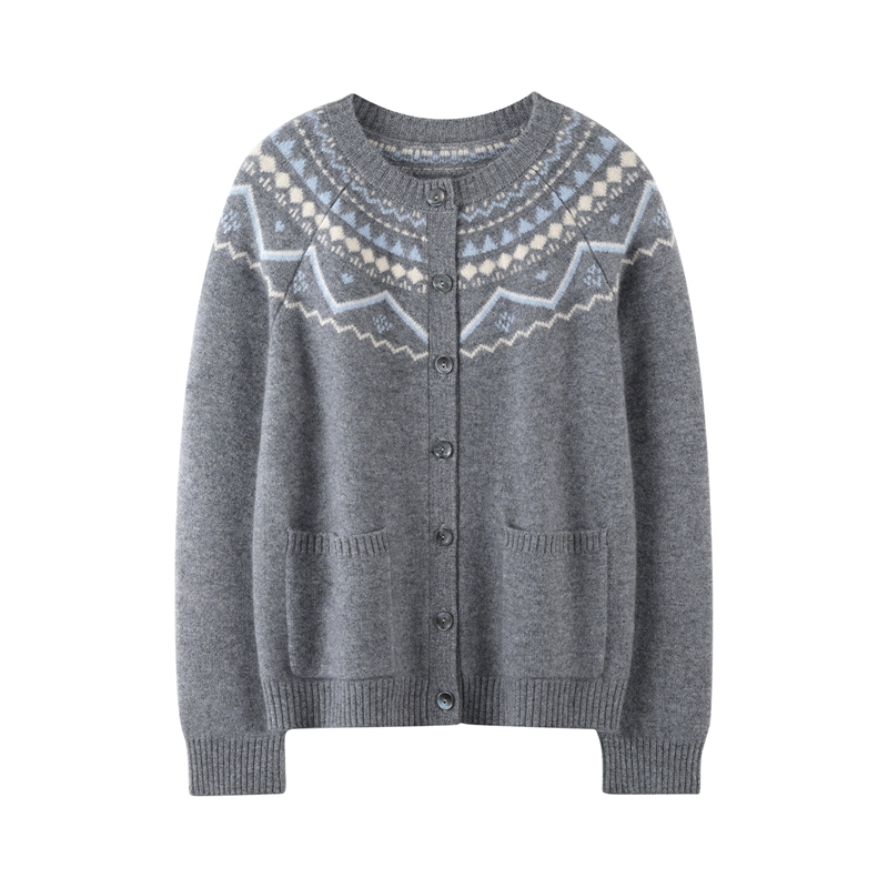 康赛妮费尔岛100%纯羊绒开衫针织衫英伦风圆领厚款保暖亲肤插肩袖