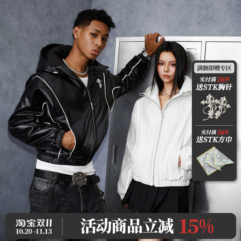 STK SmallTownKid赛车反光夹棉皮夹克休闲运动拉链外套街头痞帅风