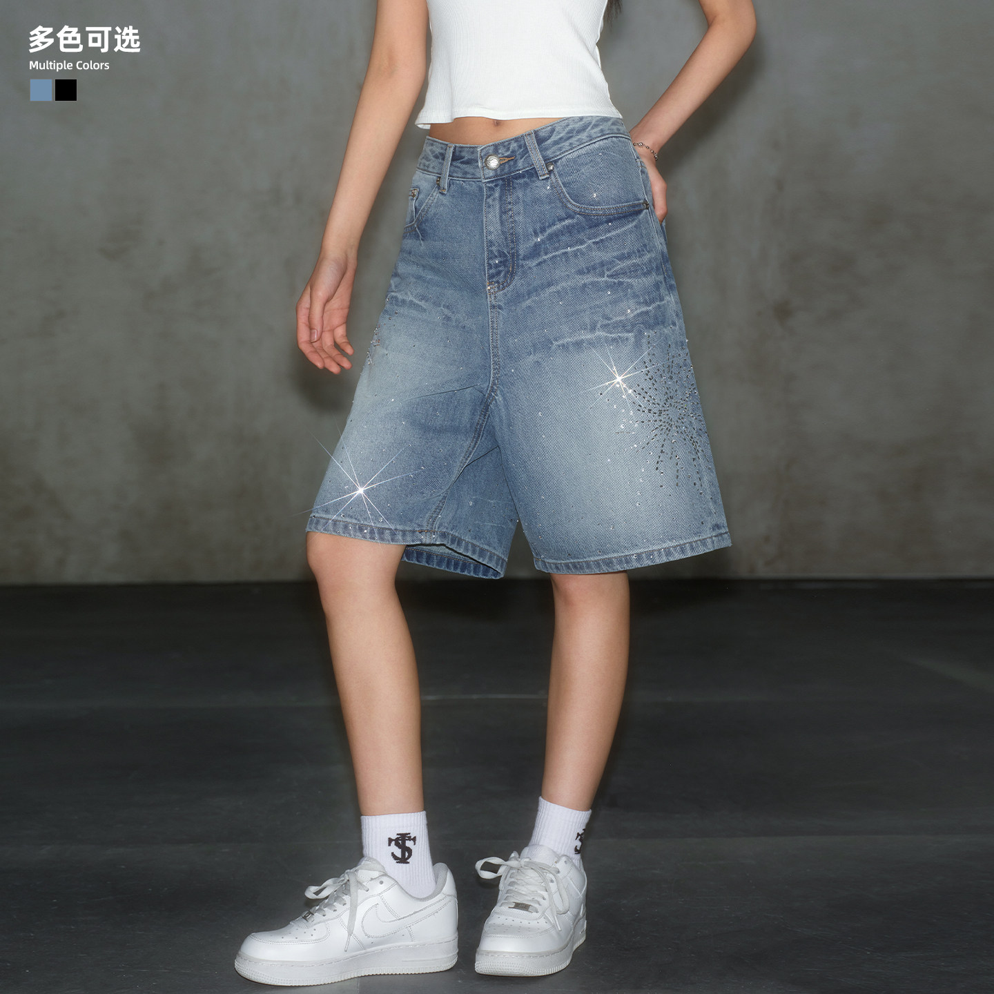 STK SmallTownKid烟花烫钻牛仔短裤水洗满天星钻石装饰街头廓形裤