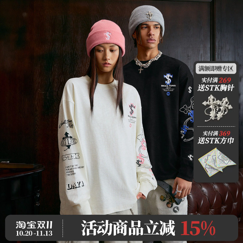 STK SmallTownKid 十字长袖T恤竹节棉印花潮牌男女春秋长袖TEE