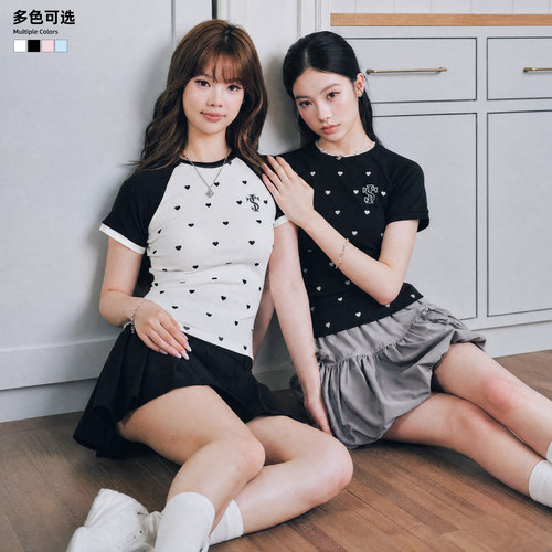 STK SmallTownKid 爱心波点撞色插肩短袖T恤女夏修身显瘦短款上衣