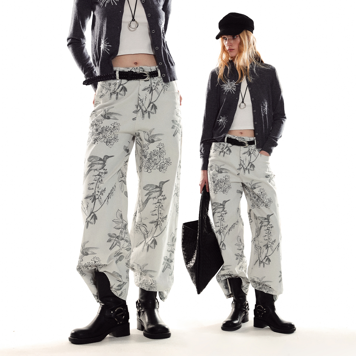 ADORE YOU 复古原创设计植物花卉直喷高腰修身挺括直筒休闲裤女