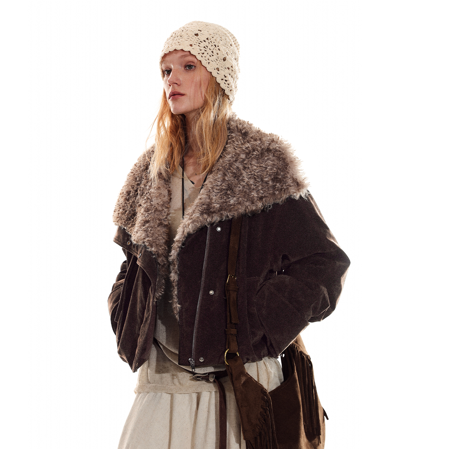 ADORE YOU 复古大翻领毛领麂皮短款上衣夹克设计感修身工装外套女