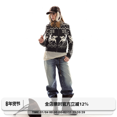 ADORE YOU 费尔岛小鹿图案粗针织毛衣开衫立领拉链修身外套女