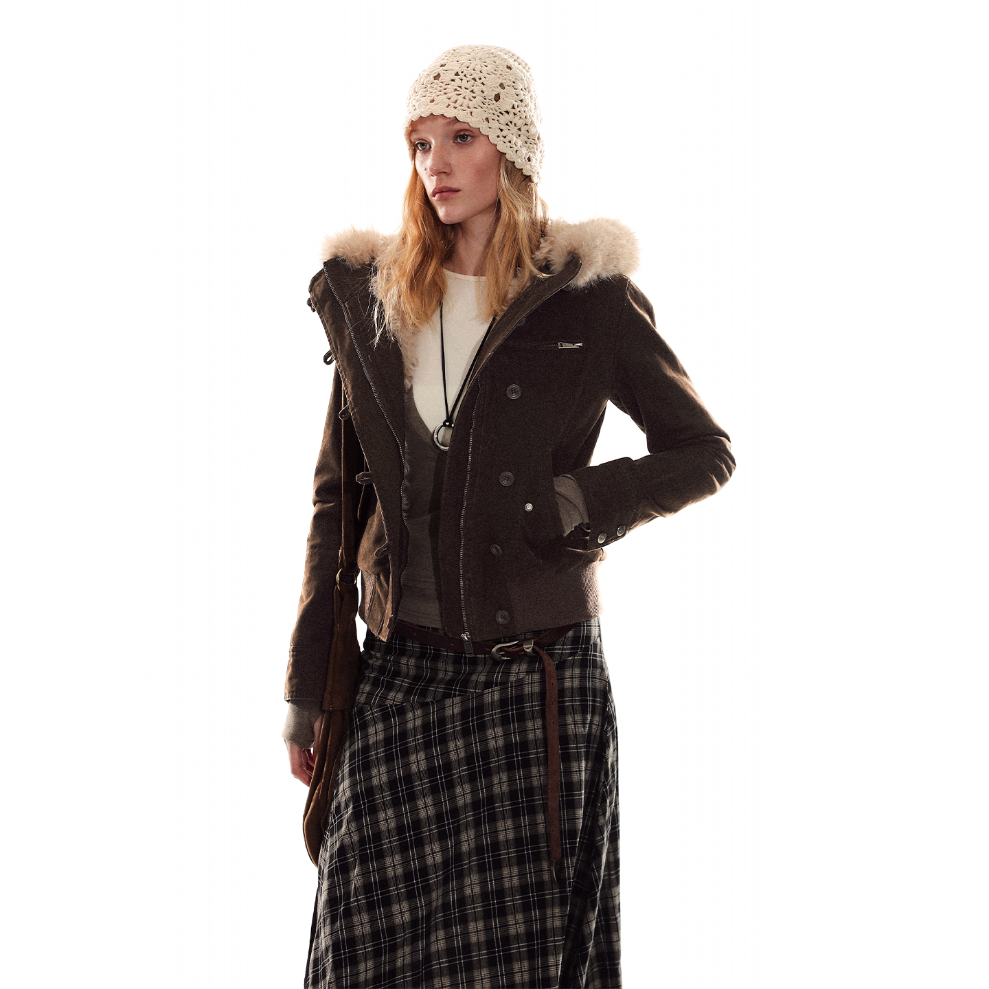 ADORE YOU 可拆卸毛领复古收腰修身短款上衣连帽卫衣拉链外套