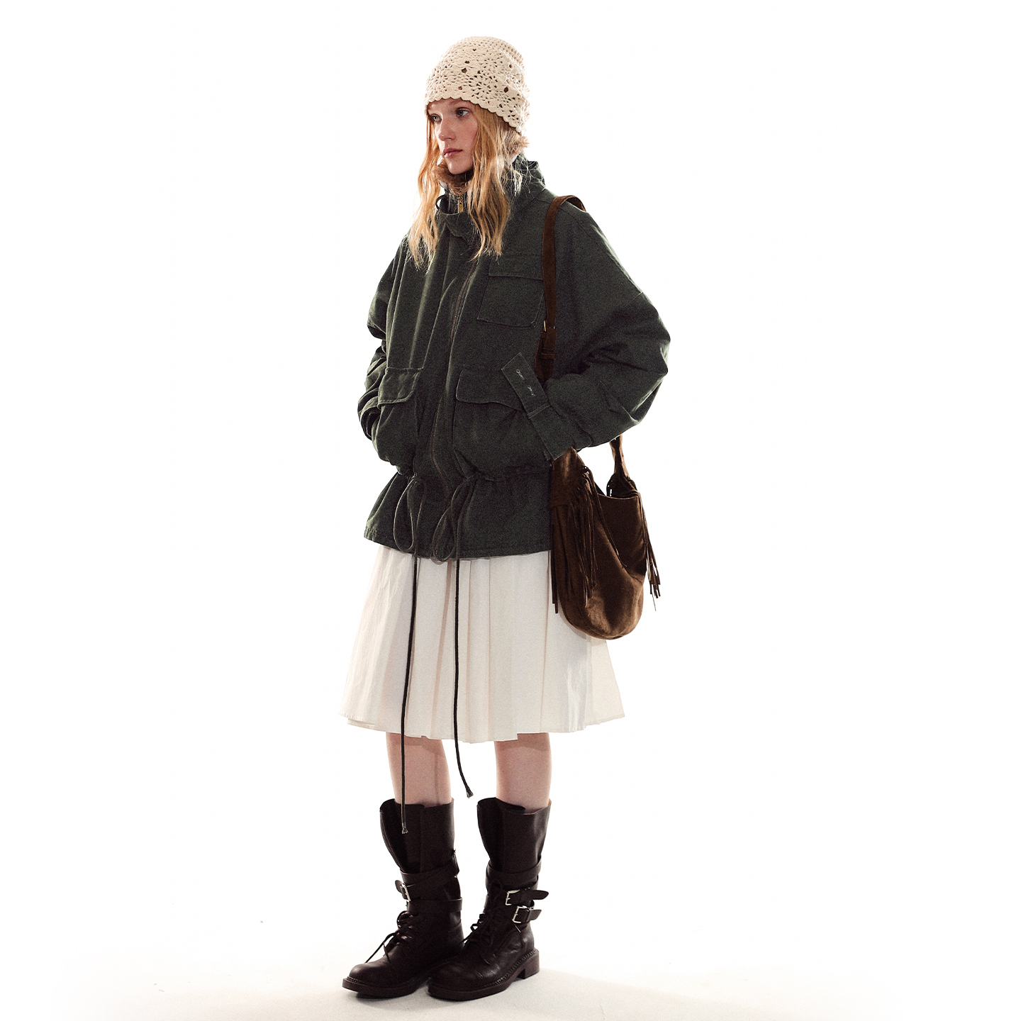 ADORE YOU 复古水洗做旧下摆抽绳花苞夹克收腰修身外套工装棉服