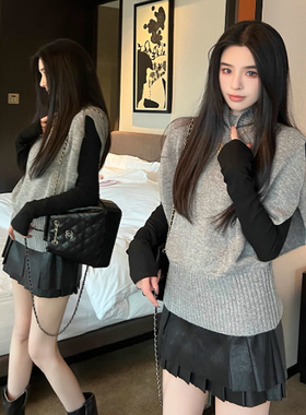 韩系复古高领针织马甲女宽松慵懒叠穿设计感毛衣背心