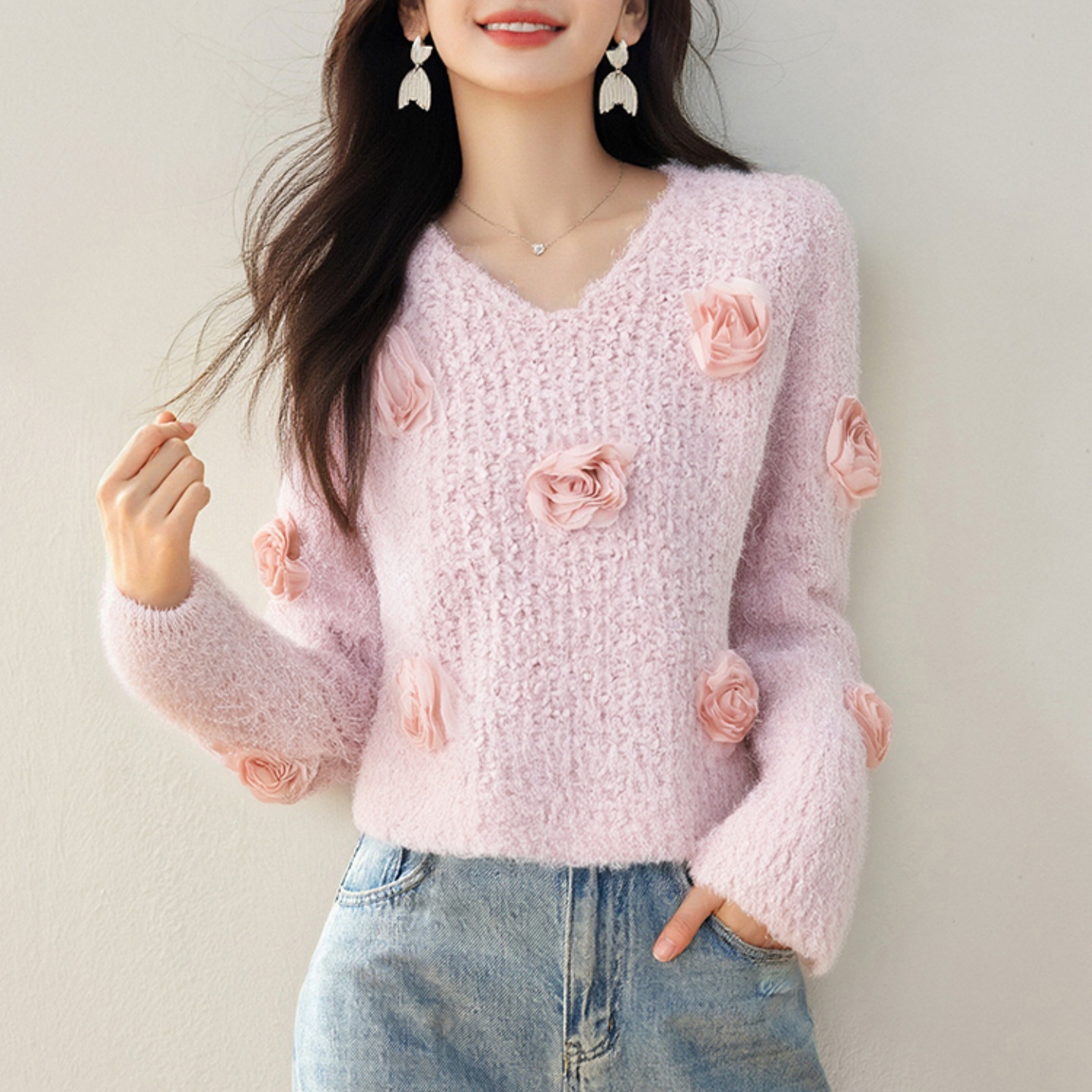 粉色温柔风立体花朵针织衫毛衣女