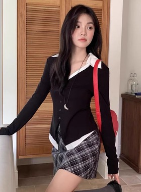 2025女士新款ins博主修身假两件修身长袖百搭上衣