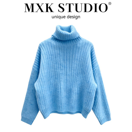 软糯奶fufu蓝色高领针织毛衣长袖