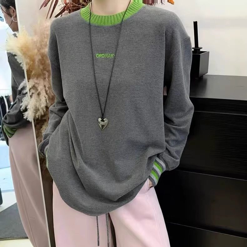 撞色螺纹长袖T恤女2025新款简约百搭宽松打底衫显瘦上衣