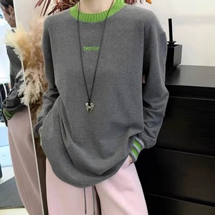 显瘦上衣 简约百搭宽松打底衫 撞色螺纹长袖 T恤女2025新款