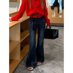 女十三行10589 复合绒微喇牛仔裤 ICC 重工立体压褶猫须弹力喇叭裤