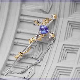 超高颜值麦穗与剑 异形切蓝紫坦桑胸针国潮彩宝软链复