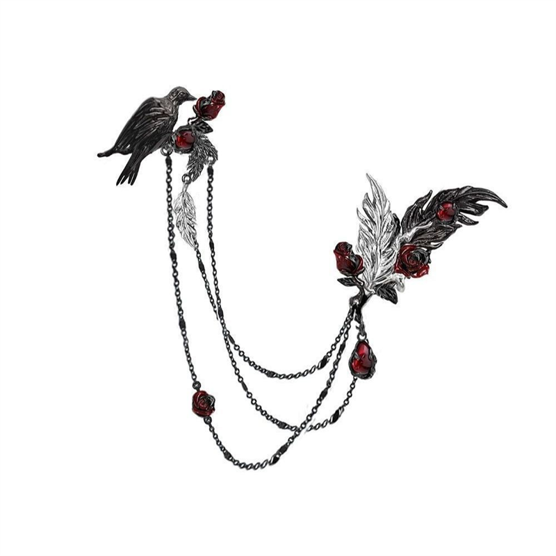 原创设计高级感暗黑羽毛胸针潮酷红玫瑰乌鸦西装配饰穿搭