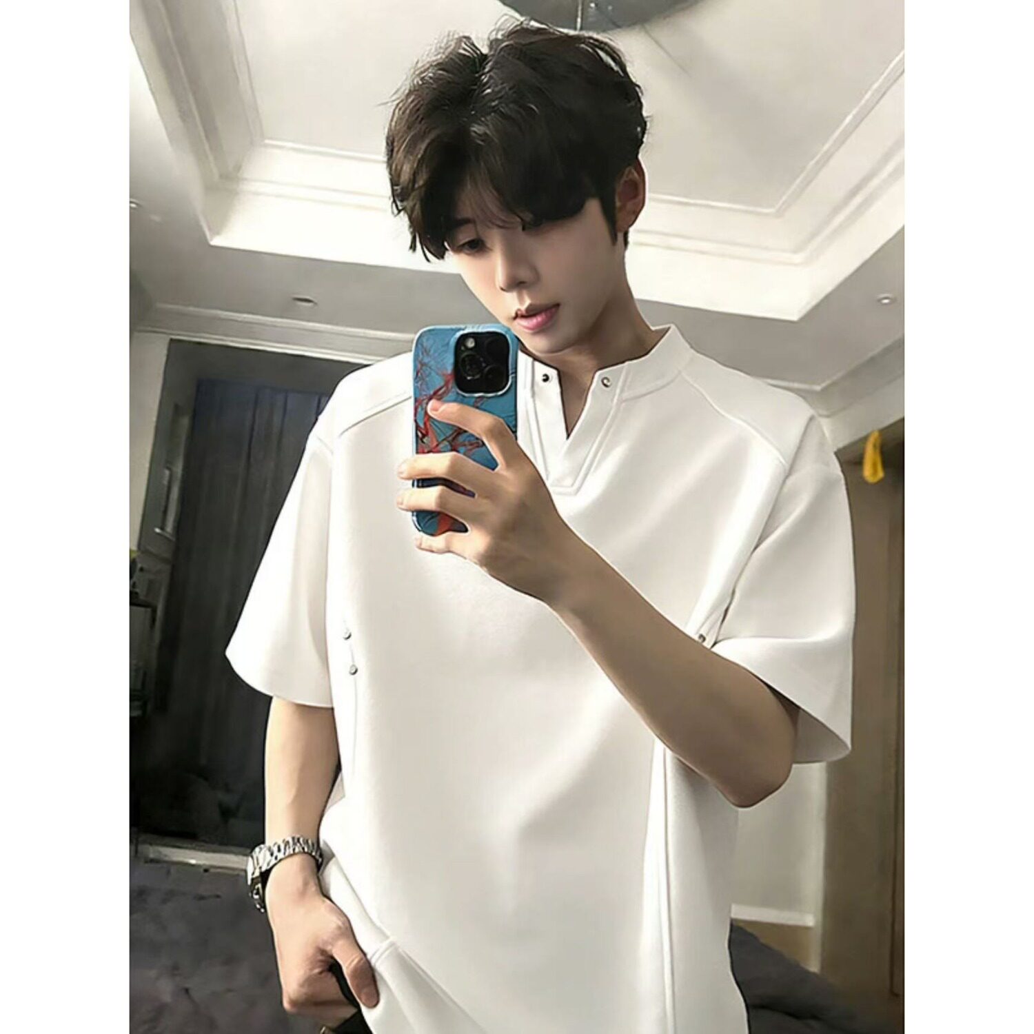 cleanfit铆钉V领重磅五分袖T恤