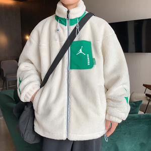 2023年aj外套男保暖棉衣美式青少年加绒羊羔毛拼色摇粒绒羊羔绒服