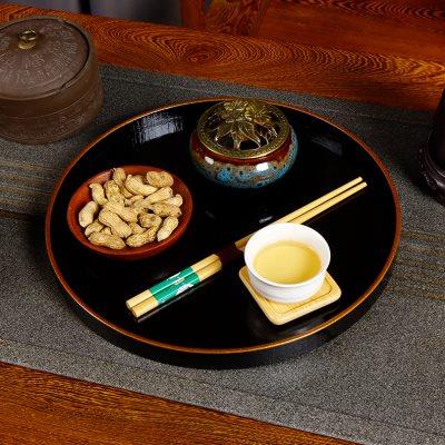 漆器茶盘托盘黑色圆形大漆工艺金边30CM茶具壶承高端复古风木盘子