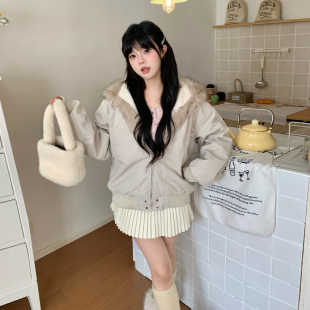 实拍复古短款座山雕女冬季加厚保暖毛领夹克棉服解构连帽棉衣外套