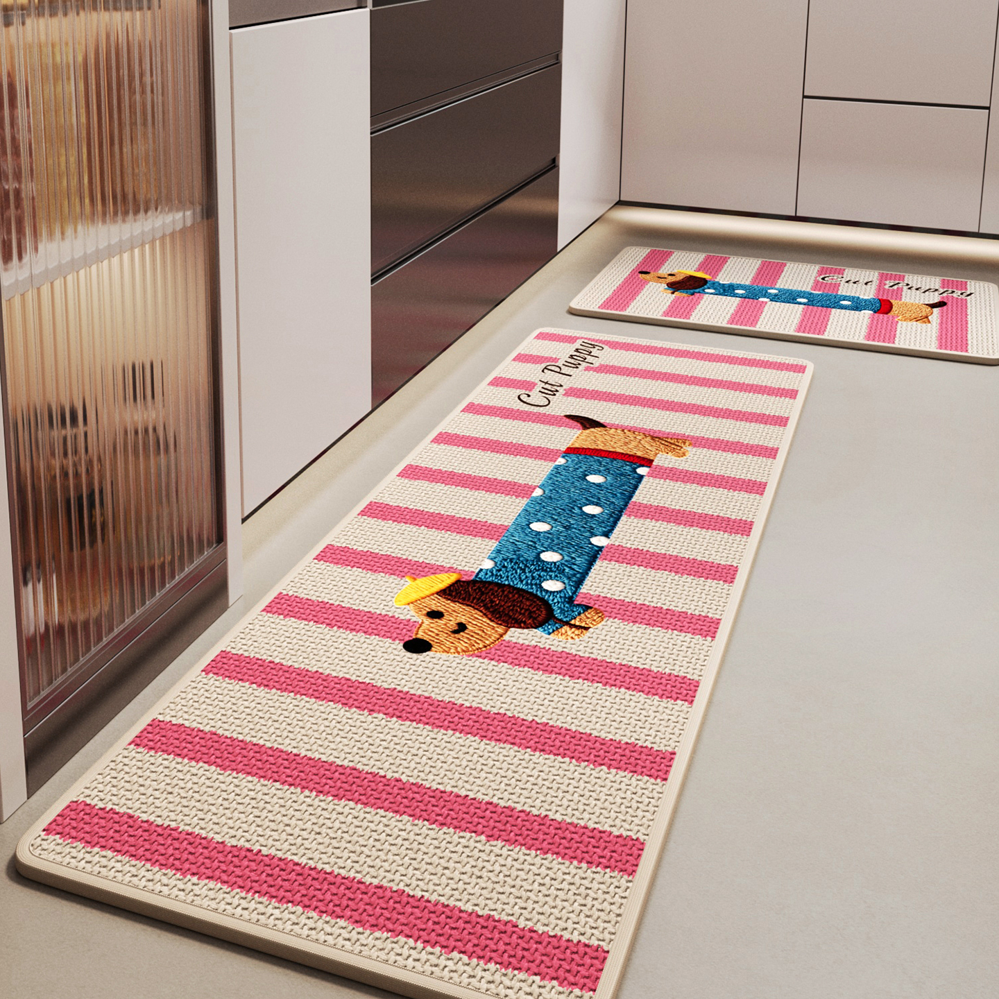 仿编织亚麻厨房专用地垫家用免洗吸水速干擦脚垫子卡通腊肠狗地毯