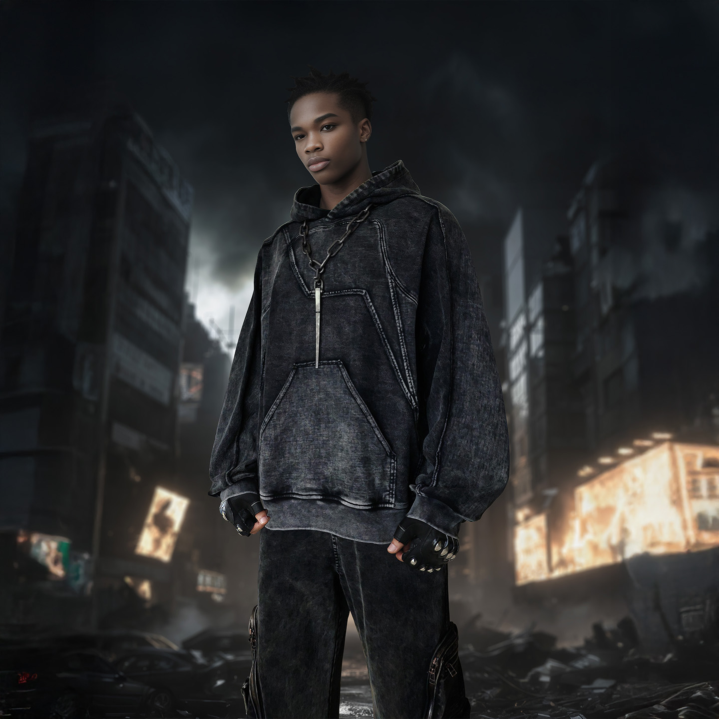 废土风卫衣男几何割裂拼接洗水做旧个性小众原创卫衣外套男