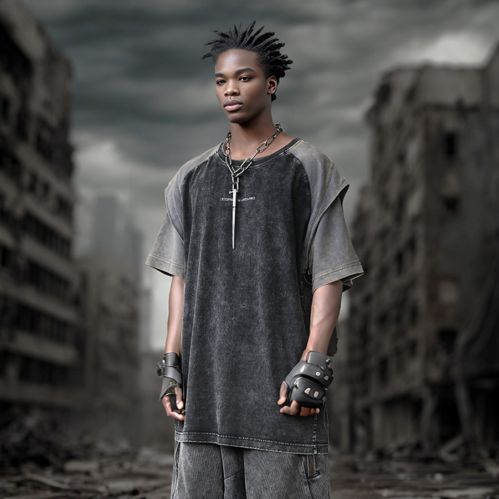 双层插肩袖短袖T恤原创做旧废土