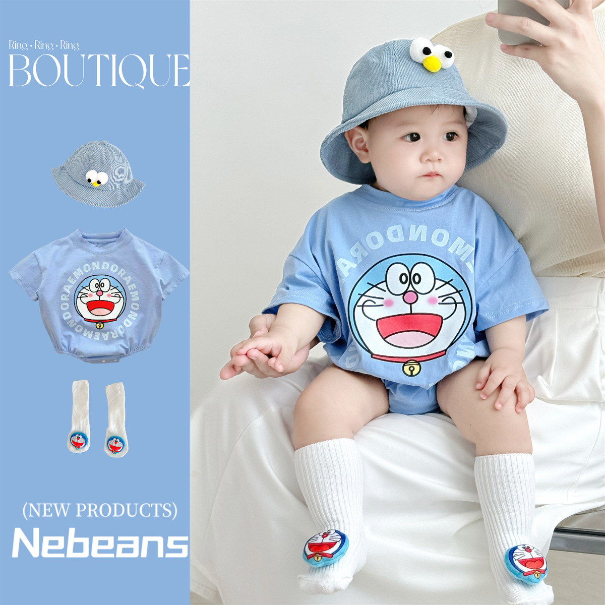 哆啦A梦婴儿三角爬服夏季薄款 纯棉柔软宝宝哈衣潮款蓝胖子夏装