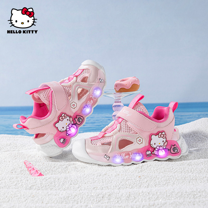Hello Kitty儿童包头凉鞋发光灯鞋女童夏季卡通鞋魔术贴运动鞋