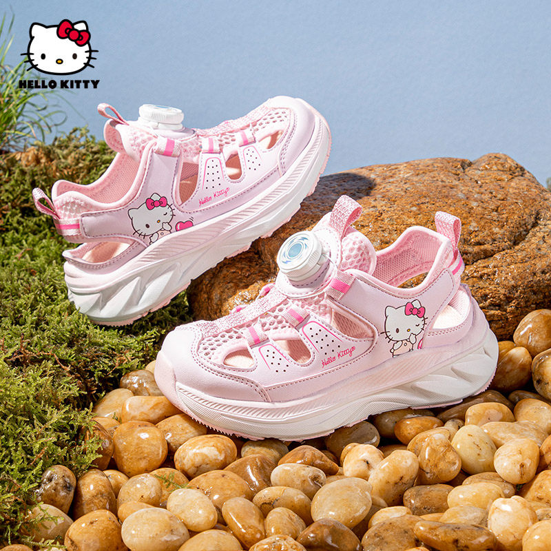Hello Kitty儿童运动鞋女童框子鞋夏季卡通旋钮扣镂空透气休闲鞋