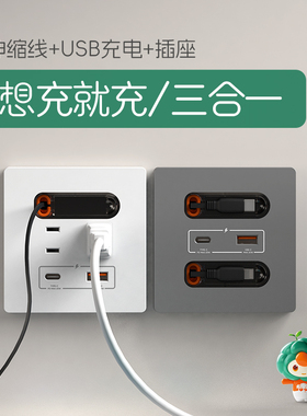 开关插座面板Type-cPD快充USB五孔手机充电苹果安卓86型带充电线
