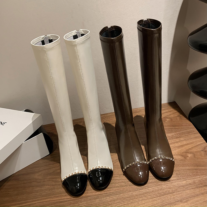 小香风拼色粗跟瘦瘦靴山茶花棕色长筒靴2025秋冬新款牛皮显瘦长靴