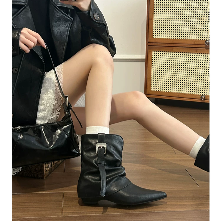 牛皮版~复古尖头西部短靴女秋冬皮带扣设计感小众粗跟辣妹裤管靴