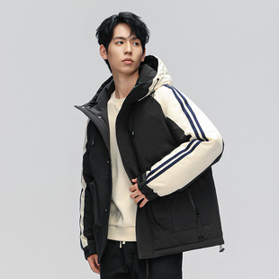 帕丁顿熊美式复古两条杠拼接撞色连帽宽松百搭保暖羽绒服情侣同款