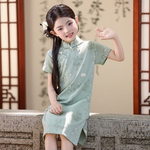 绿色儿童新中式旗袍连衣裙中国风汉服夏新款青少年薄改良女孩唐装