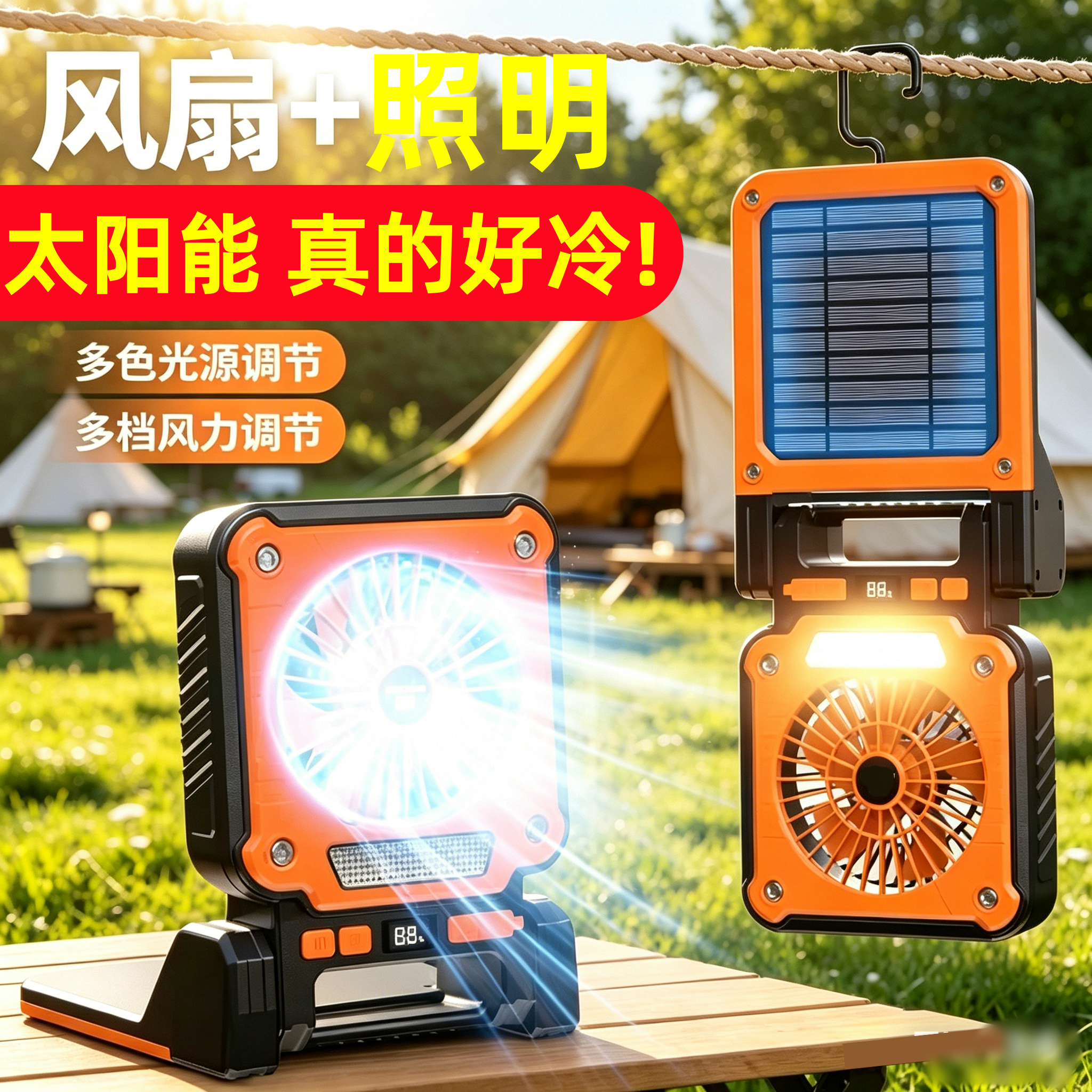 太阳能电风扇可折叠充电户外钓鱼露营灯小型便捷式大风力降温神器