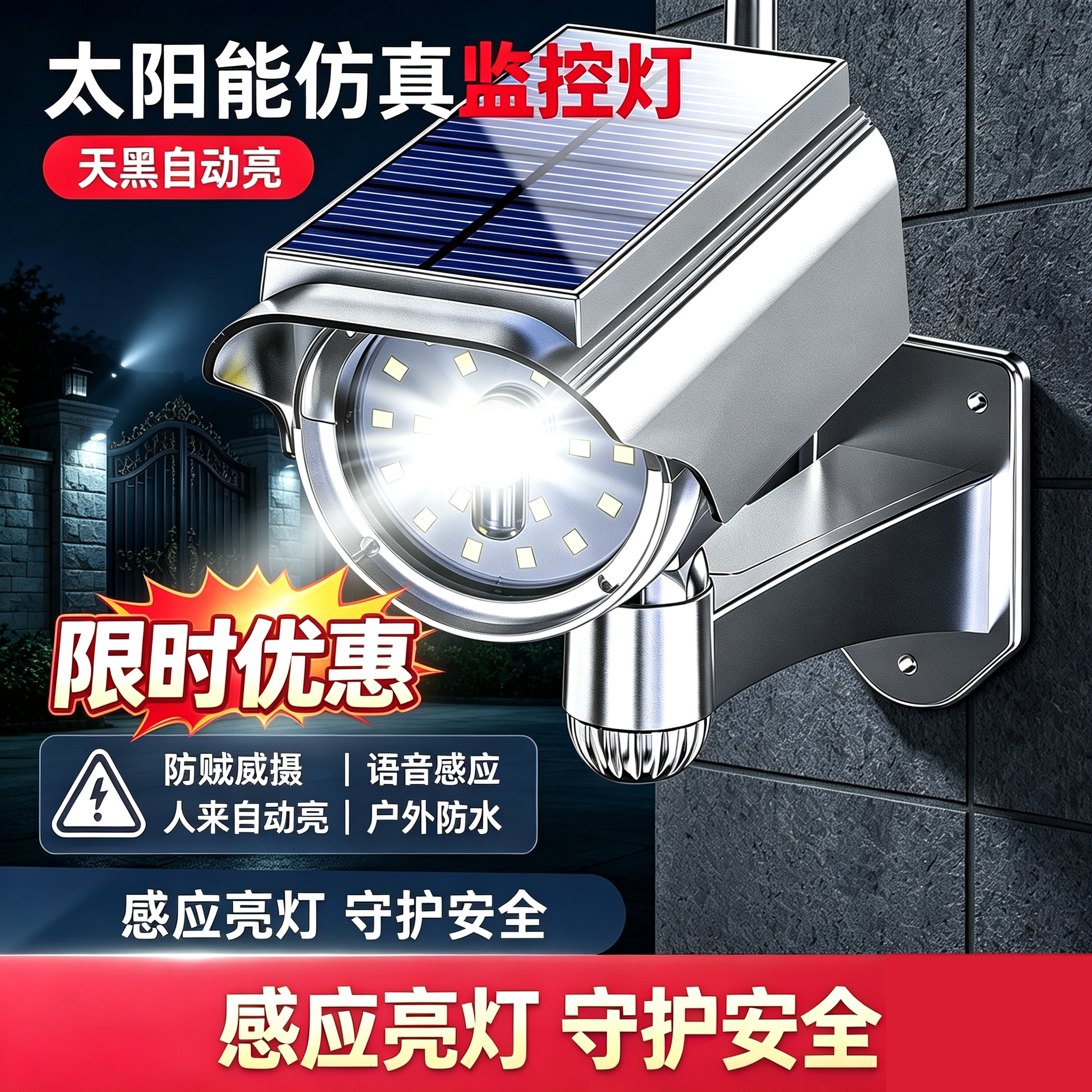 家用太阳能仿真监控路庭院围墙语音人体感应灯户外威慑防盗壁灯