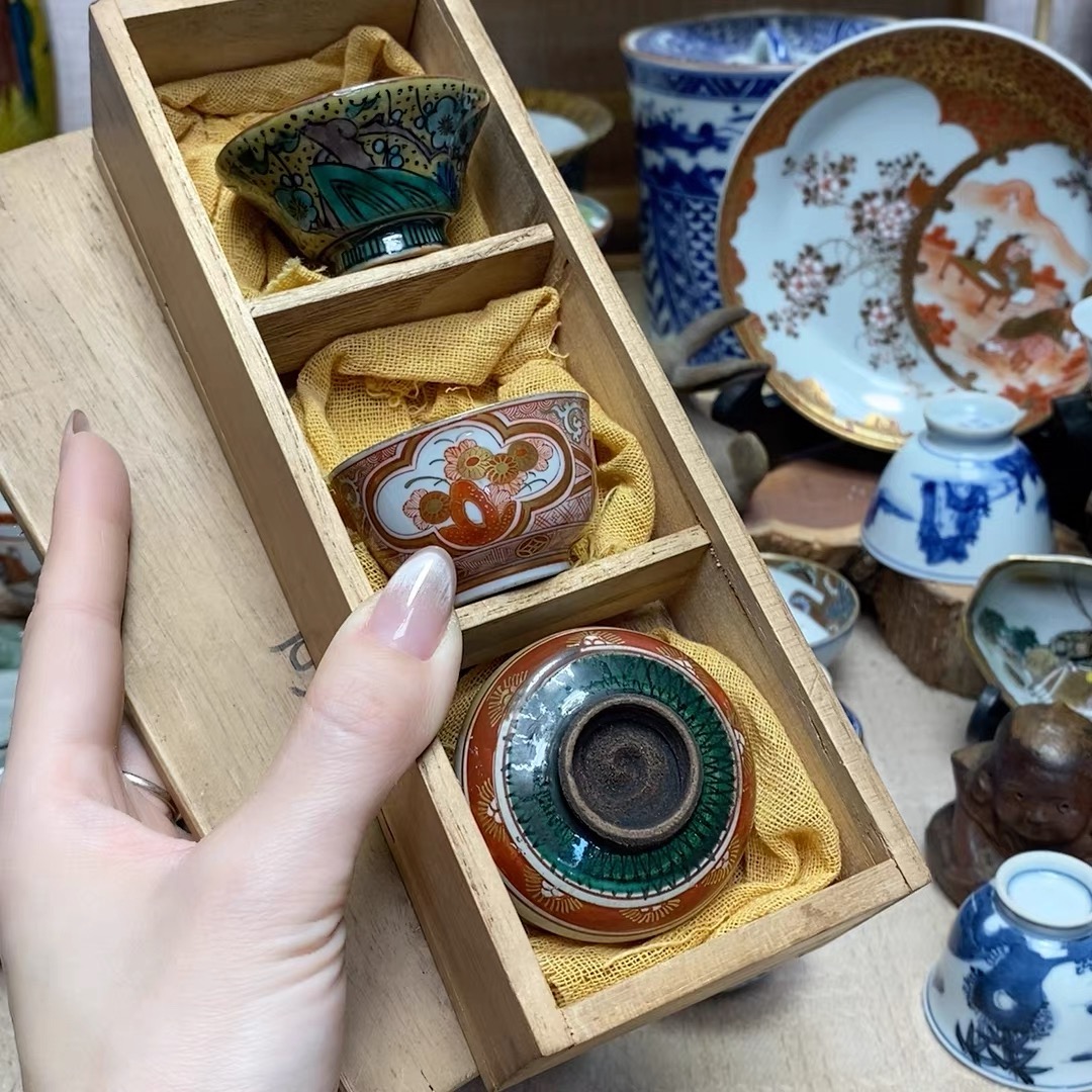 百年 老九谷 手绘细绘 三客杯 老物件