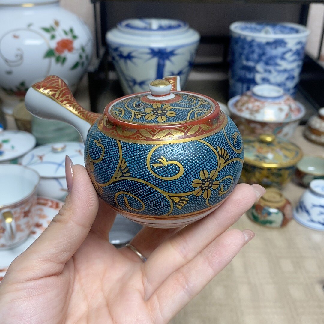 九谷烧名家山下良山手点青粒缠枝莲描金雨露侧把壶,老物件