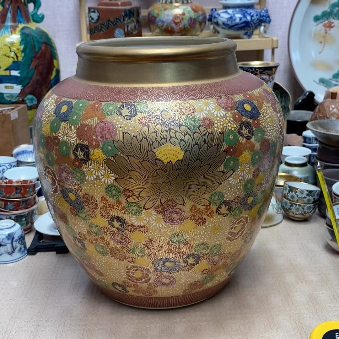 老九谷 名家 秀月造 手绘百花不落地 大花瓶 中古