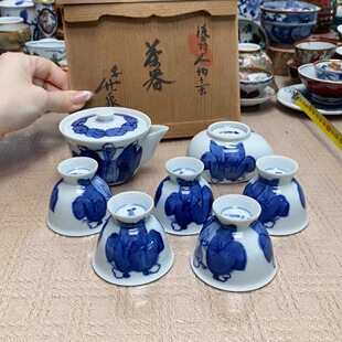 古清水烧 巨匠 三浦竹泉 手绘青花人物 玉露宝瓶套装