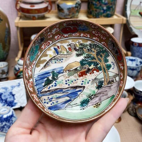 江户时期 老九谷 手绘精工 细绘山水 老碟 内外绘