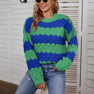 Colorblock Cable Round Sweater Drizzle Neck Pullover